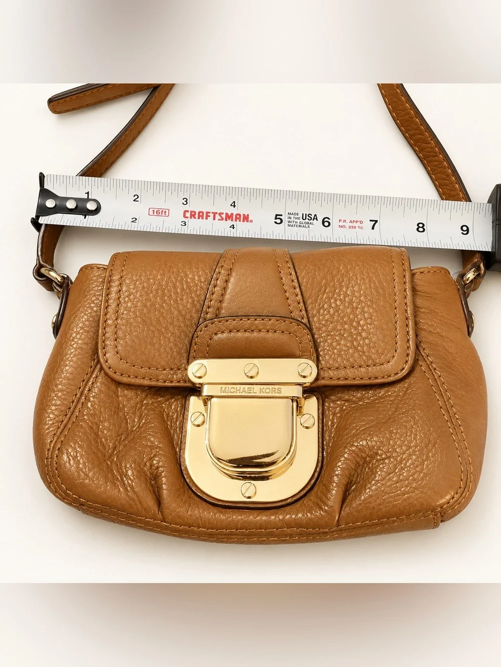 MICHAEL KORS Cognac Leather Small Crossbody with Gold-Tone Lock